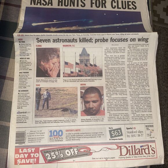The Arizona Republic February 2 2003 Shuttle Falls To Earth NASA Hunts For Clues - Picture 2 of 6